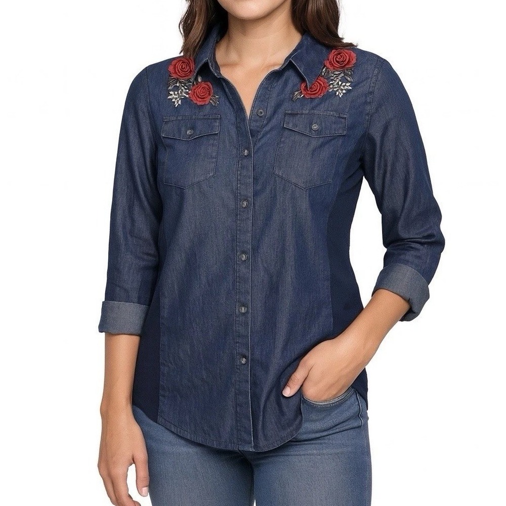 CAVALINI Blue Chambray Button Up Shirt sz S Embroidered Rose Roll Tab Sleeves